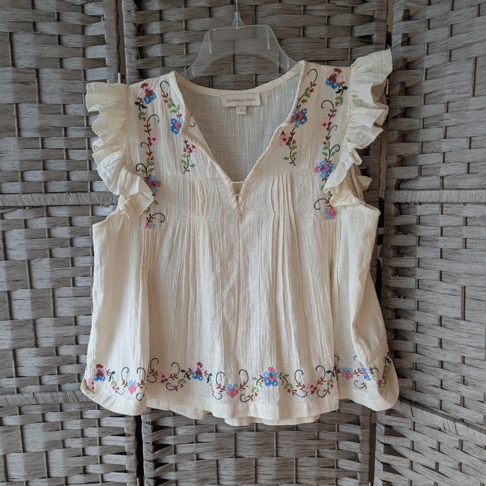 Jennifer & Grace Blouse Ivory Floral Embroidered Ruffle Peasant Top Sz S Boho